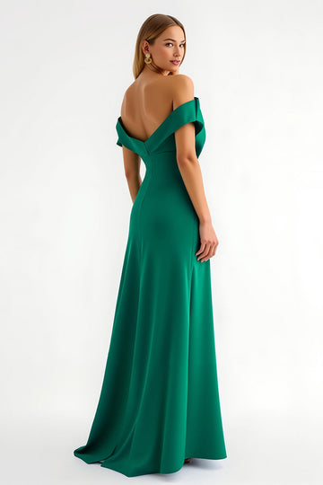 Robe longue de fête de vacances froncée vert foncé à épaules dénudées
